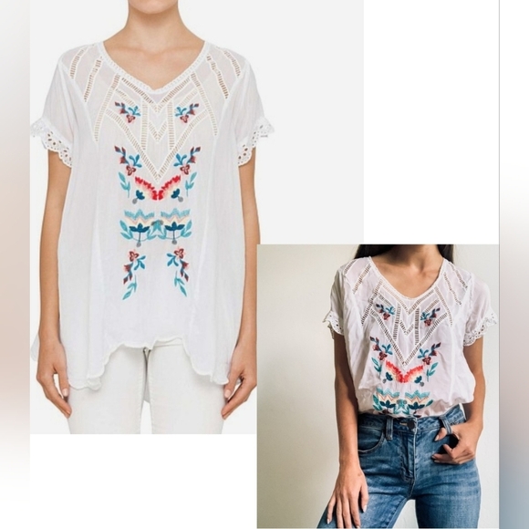 JOHNNY WAS VARA BLOUSE Flared Sheer Lightweight Floral Embroidered White Size S - Picture 15 of 15